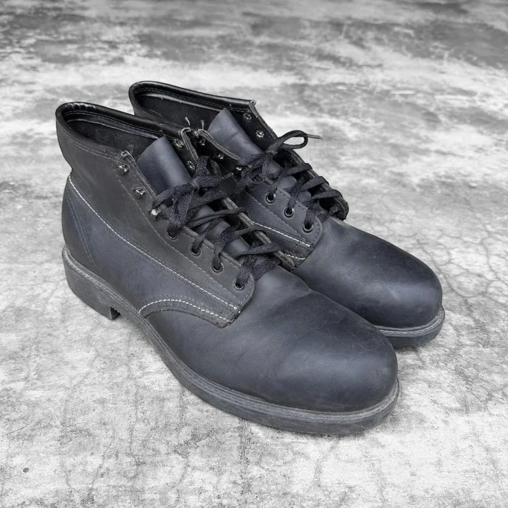 Vintage black leather mid top ankle lace up steel toe combat work boots 13